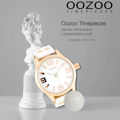 OOZOO Damenuhr weiß/rosegold 46mm, Uhr mit Leder-Armband UOC1150