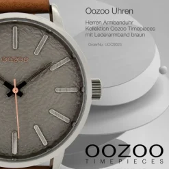 Oozoo Herren Armbanduhr silber Timepieces Quarz C9025 Lederarmband braun UOC9025