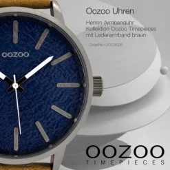 Oozoo Herren Armbanduhr silber Timepieces Quarz C9026 Lederarmband braun UOC9026