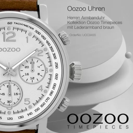 Oozoo Herren Armbanduhr silber Timepieces Quarz C9455 Lederarmband braun UOC9455