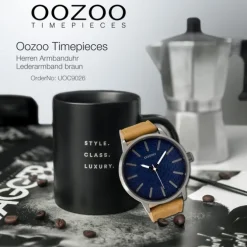 Oozoo Herren Armbanduhr silber Timepieces Quarz C9026 Lederarmband braun UOC9026