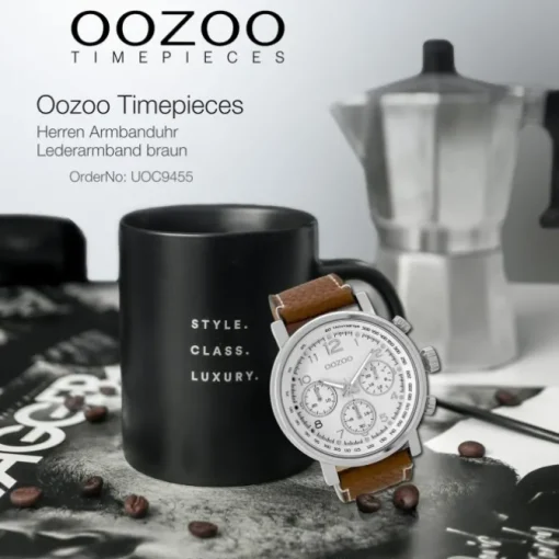 Oozoo Herren Armbanduhr silber Timepieces Quarz C9455 Lederarmband braun UOC9455