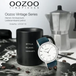 Oozoo Herren-Uhr Ultra Slim Quarzuhr Leder-Armband petrol grün UOC8116