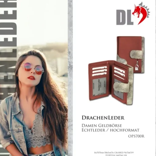 Portemonnaie Hochformat Leder rot, grau Damen DrachenLeder OPS700R