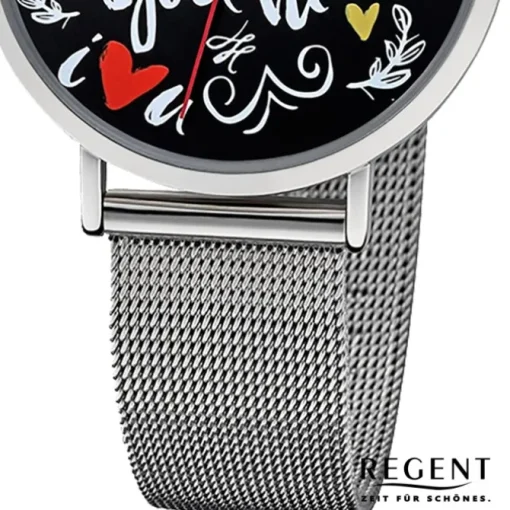 Regent Damen Armbanduhr Analog BA-516 Quarz-Uhr Scribble Metall silber URBA516