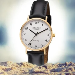 Regent Damen Armbanduhr Analog F-1218 Quarz-Uhr Leder schwarz URF1218