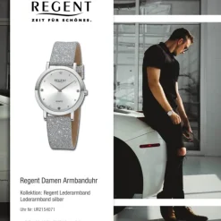 Regent Damen Armbanduhr Analog Lederarmband silber UR2154071