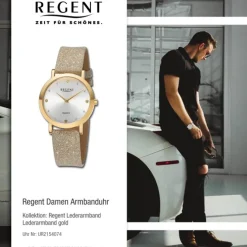 Regent Damen Armbanduhr Analog Lederarmband gold UR2154074