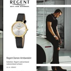 Regent Damen Armbanduhr Analog Lederarmband schwarz URBA691