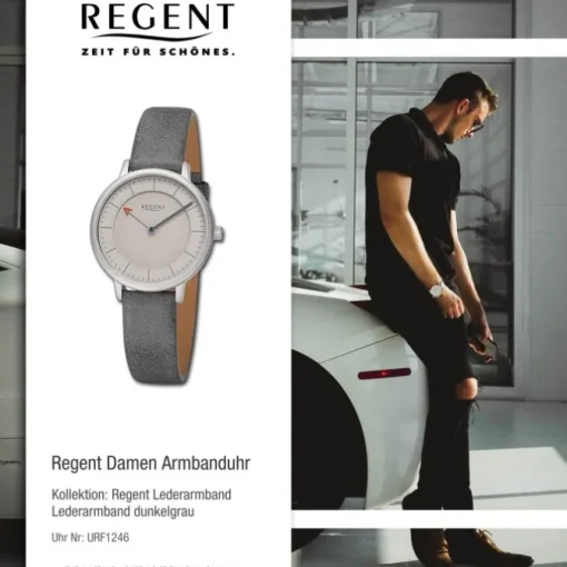 Regent Damen Armbanduhr Analog Lederarmband dunkelgrau URF1246