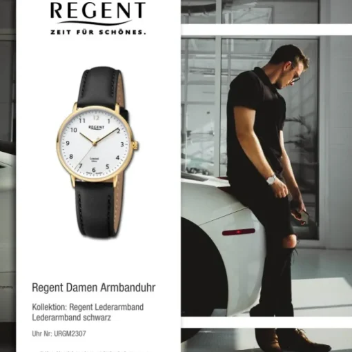 Regent Damen Armbanduhr Analog Lederarmband schwarz URGM2307
