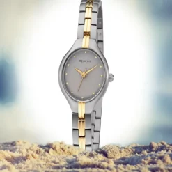 Regent Damen Armbanduhr Analog F-1164 Quarz-Uhr Titan grau gold URF1164