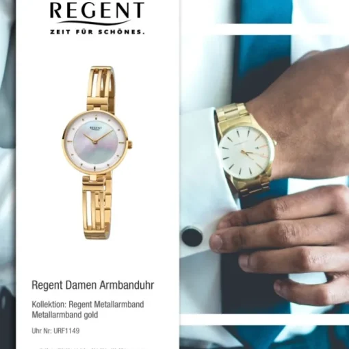 Regent Damen Armbanduhr Analog F-1149 Quarz-Uhr Metall gold URF1149