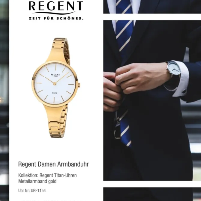 Regent Damen Armbanduhr Analog F-1154 Quarz-Uhr Titan gold URF1154