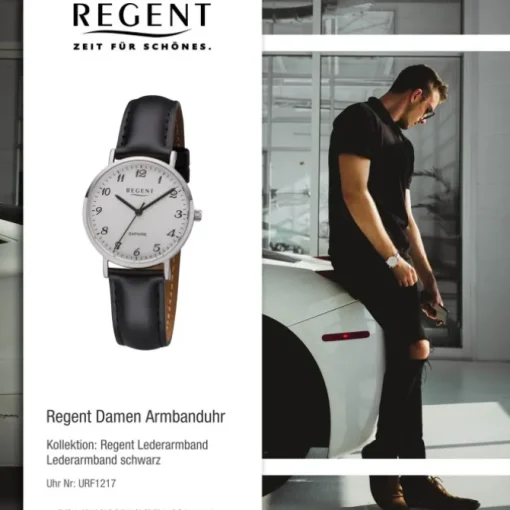Regent Damen Armbanduhr Analog F-1217 Quarz-Uhr Leder schwarz URF1217