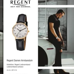 Regent Damen Armbanduhr Analog F-1218 Quarz-Uhr Leder schwarz URF1218