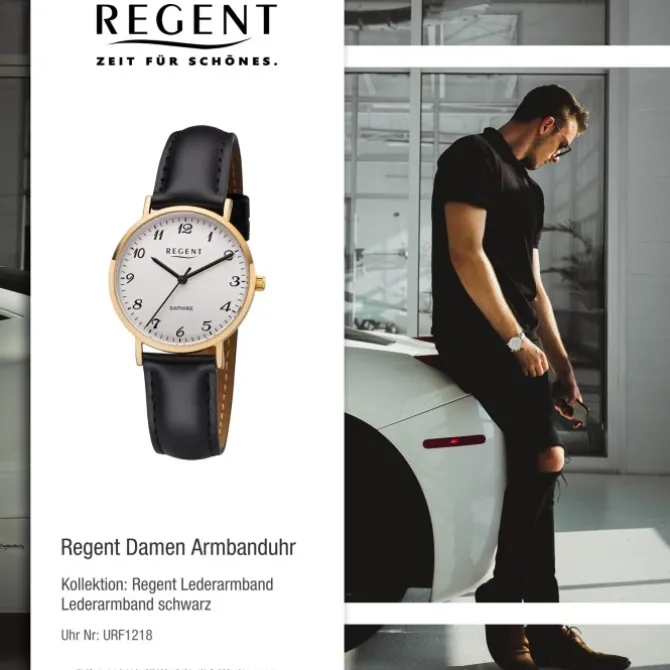 Regent Damen Armbanduhr Analog F-1218 Quarz-Uhr Leder schwarz URF1218