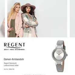 Regent Damen Armbanduhr Analog Lederarmband silber URBA798