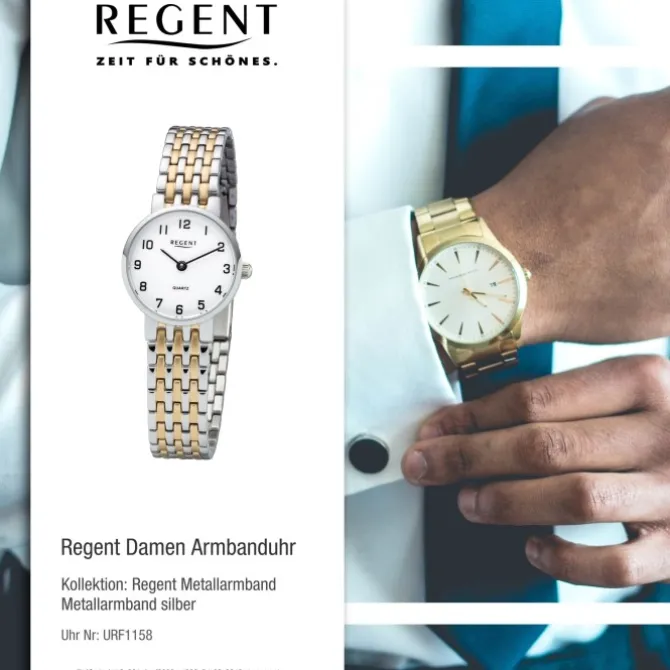 Regent Damen Armbanduhr Analog F-1158 Quarz-Uhr Metall silber gold URF1158