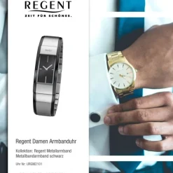 Regent Damen Armbanduhr Analog GM-2101 Quarz-Uhr Metallband schwarz silber URGM2101
