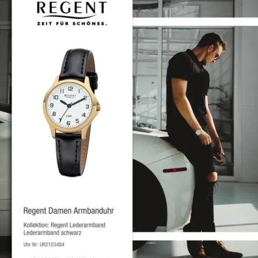 Regent Damen Armbanduhr Analog 2103484 Quarz-Uhr Leder schwarz UR2103484