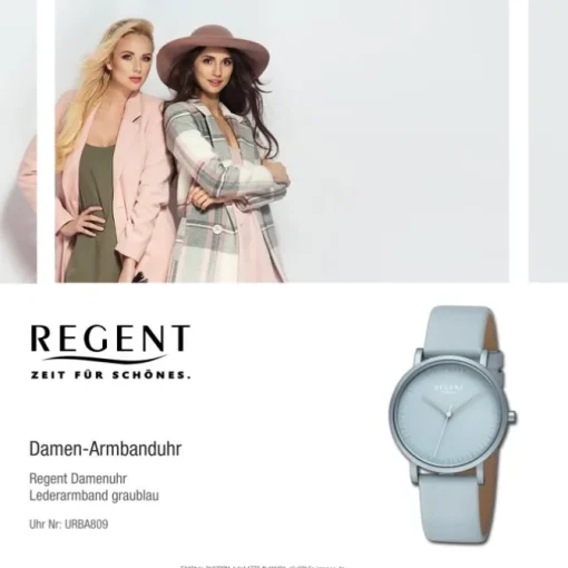 Regent Damen Armbanduhr Analog Lederarmband graublau URBA809