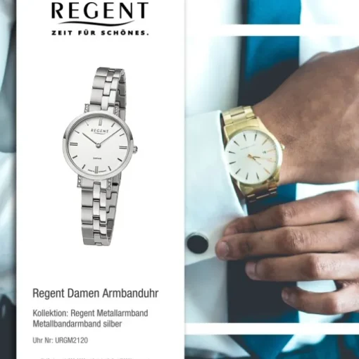 Regent Damen Armbanduhr Analog GM-2120 Quarz-Uhr Metallband silber URGM2120