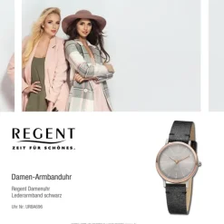 Regent Damen Armbanduhr Analog Lederarmband schwarz URBA696