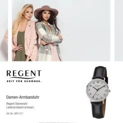 Regent Damen Armbanduhr Analog F-1217 Quarz-Uhr Leder schwarz URF1217