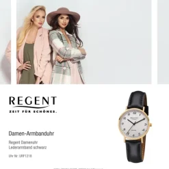 Regent Damen Armbanduhr Analog F-1218 Quarz-Uhr Leder schwarz URF1218