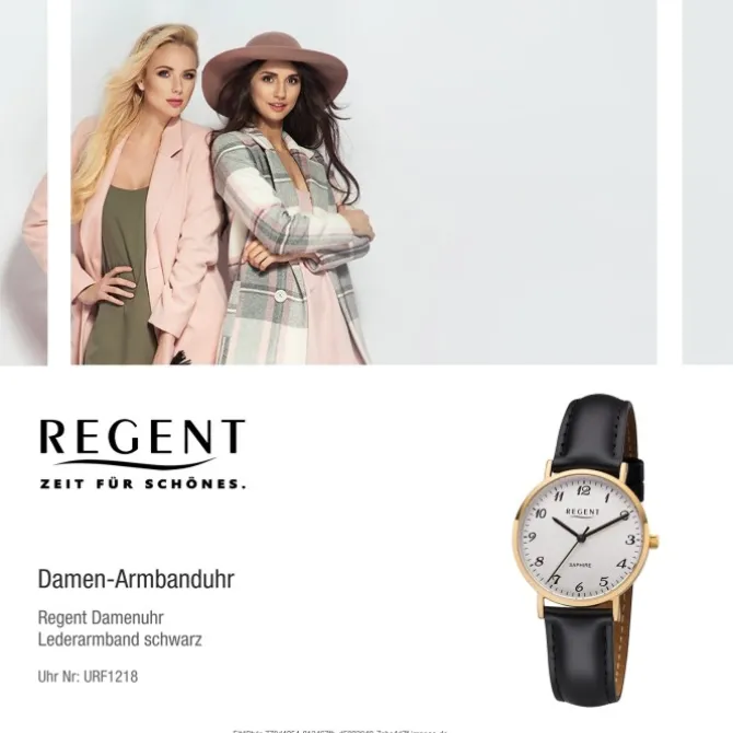 Regent Damen Armbanduhr Analog F-1218 Quarz-Uhr Leder schwarz URF1218