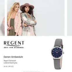 Regent Damen Armbanduhr Analog F-1222 Quarz-Uhr Leder grau URF1222