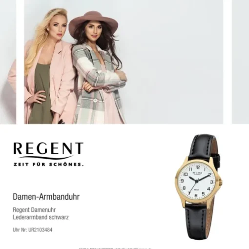Regent Damen Armbanduhr Analog 2103484 Quarz-Uhr Leder schwarz UR2103484