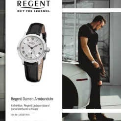 Regent Damen Armbanduhr Analog GM-1440 Quarz-Uhr Leder schwarz URGM1440
