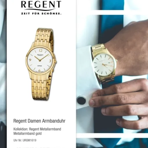 Regent Damen Armbanduhr Analog GM-1619 Quarz-Uhr Metall gold URGM1619