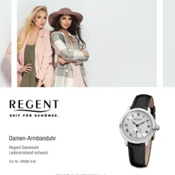 Regent Damen Armbanduhr Analog GM-1440 Quarz-Uhr Leder schwarz URGM1440
