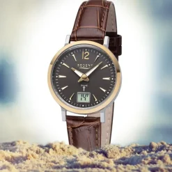 Regent Damen Funkuhr Analog-Digital FR-257 Funk-Uhr Leder braun URFR257