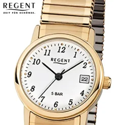 Regent Damen, Herren-Armbanduhr F-890 Quarz-Uhr Stahl-Armband gold URF890