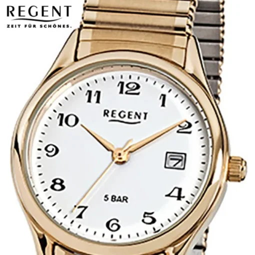 Regent Damen, Herren-Armbanduhr F-894 Quarz-Uhr Stahl-Armband gold URF894