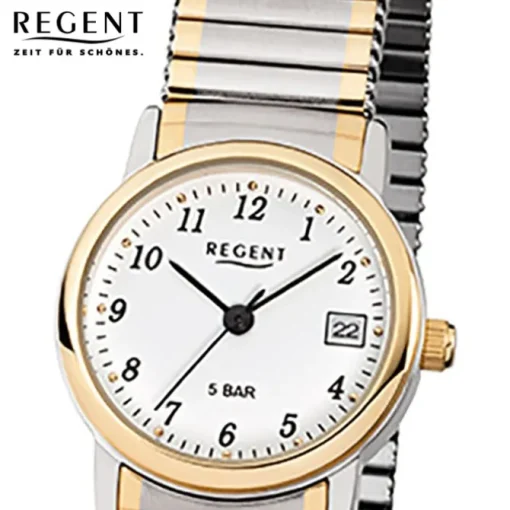 Regent Damen, Herren-Armbanduhr F-889 Quarz-Uhr Stahl-Armband silber gold URF889