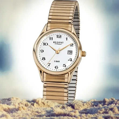 Regent Damen, Herren-Armbanduhr F-894 Quarz-Uhr Stahl-Armband gold URF894