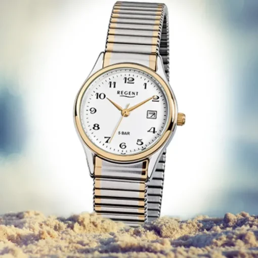 Regent Damen, Herren-Armbanduhr F-461 Quarz-Uhr Stahl-Armband silber gold URF461