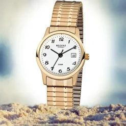 Regent Damen, Herren-Armbanduhr F-886 Quarz-Uhr Stahl-Armband gold URF886