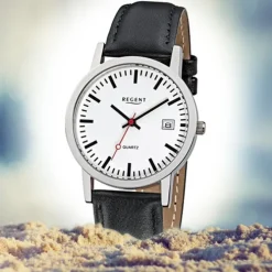Regent Damen Herren-Armbanduhr Mineralglas Quarz Leder schwarz URF794