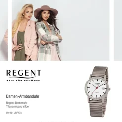 Regent Damen, Herren-Armbanduhr F-475 Quarz-Uhr Titan-Armband silber grau URF475