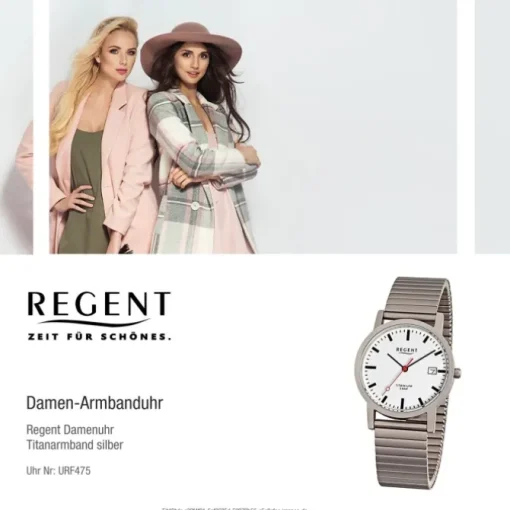 Regent Damen, Herren-Armbanduhr F-475 Quarz-Uhr Titan-Armband silber grau URF475