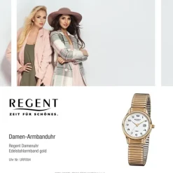 Regent Damen, Herren-Armbanduhr F-894 Quarz-Uhr Stahl-Armband gold URF894