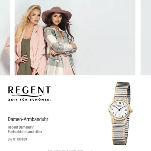 Regent Damen, Herren-Armbanduhr F-889 Quarz-Uhr Stahl-Armband silber gold URF889