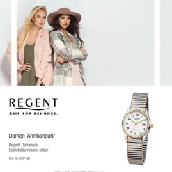 Regent Damen, Herren-Armbanduhr F-461 Quarz-Uhr Stahl-Armband silber gold URF461