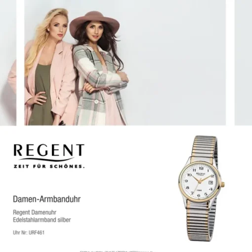 Regent Damen, Herren-Armbanduhr F-461 Quarz-Uhr Stahl-Armband silber gold URF461